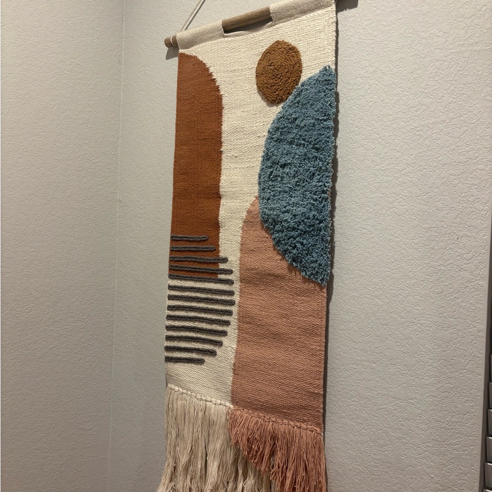 Handmade Bohemian Abstract Woven Wall Hanging in Blue, Rust, Cream